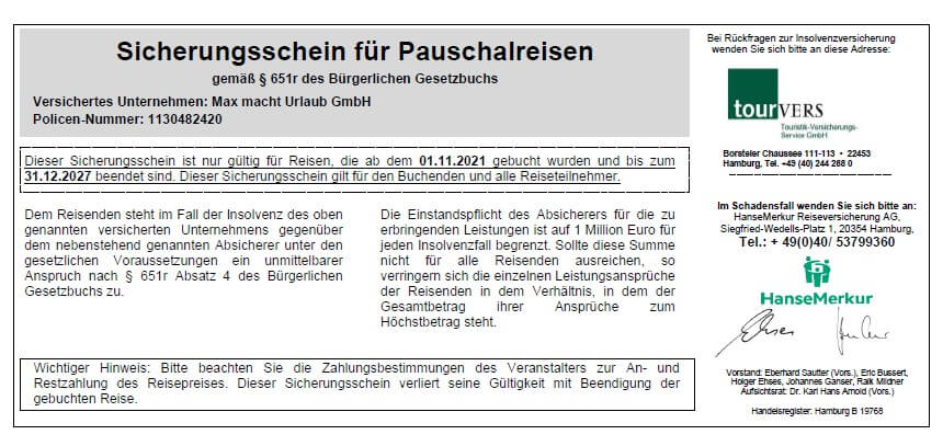 Sicherungsschein für Pauschalreisen der MAX macht Urlaub GmbH für Reisen bis 31.12.2027